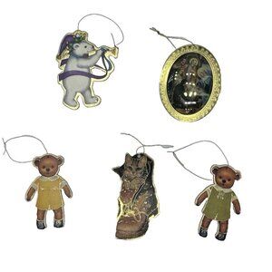 Vintage Christmas Ornament Lot 5 Victorian Teddy Bear Nativity Kitty Polar Bear